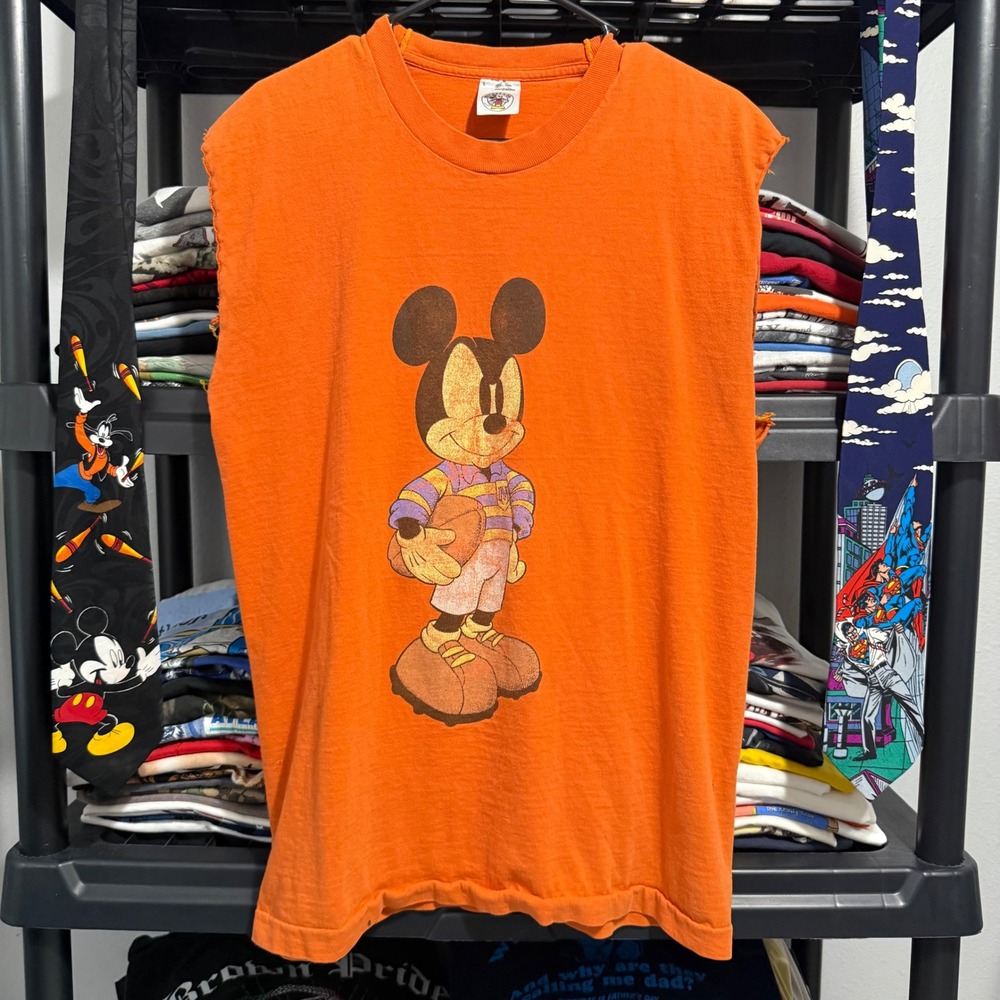 90s Orange Mickey & Co Football Graphic Muscle Tank Large Raw Hem Cut Sleeves